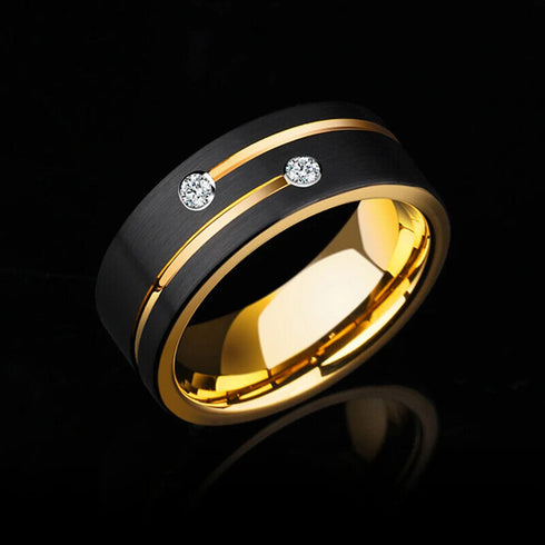Men's 8mm Tungsten Black Gold Groove Line CZ Comfort-Fit Wedding Band